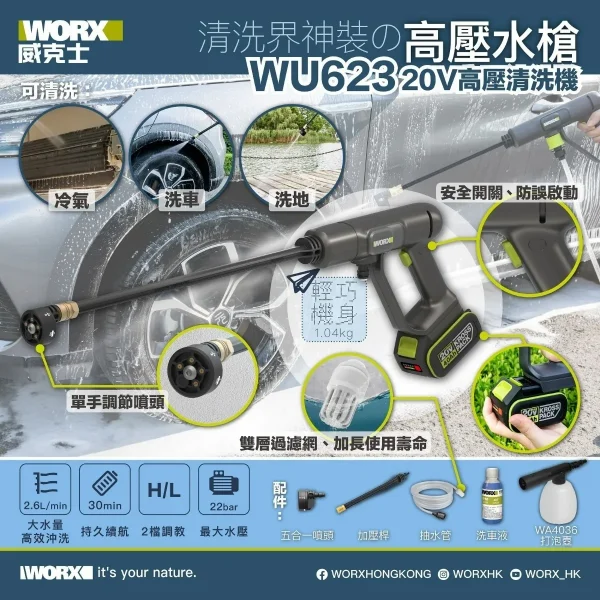 WORX 威克士 – 20V鋰電高壓無線清洗機 4.0Ah套裝 WU623 - Image 2